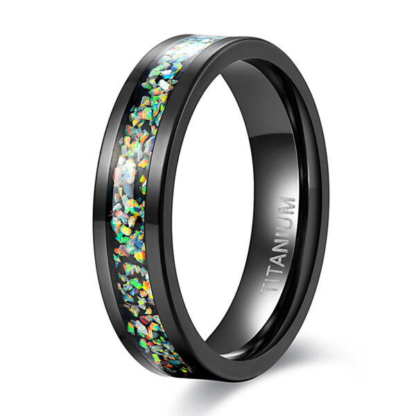 black men's titanium wedding band with opal inlay