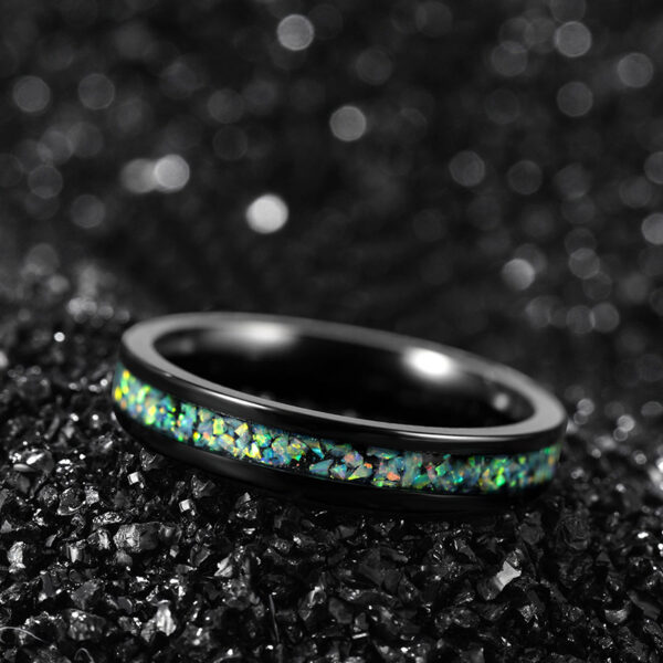 black unisex titanium wedding band with opal inlay